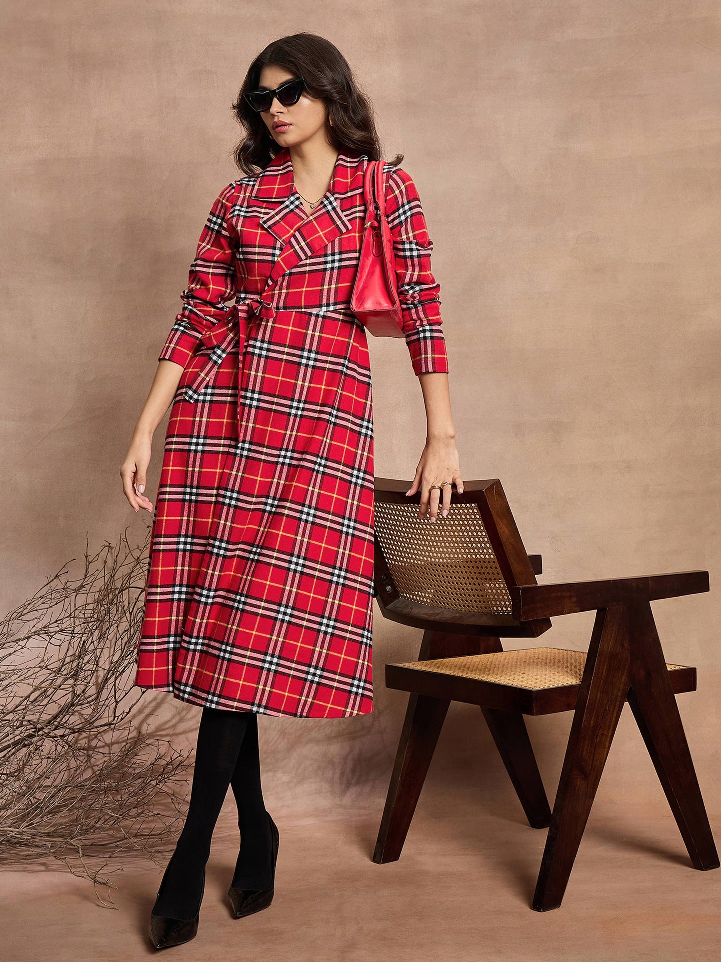 Red Check Wrap Tie-Up Midi Dress