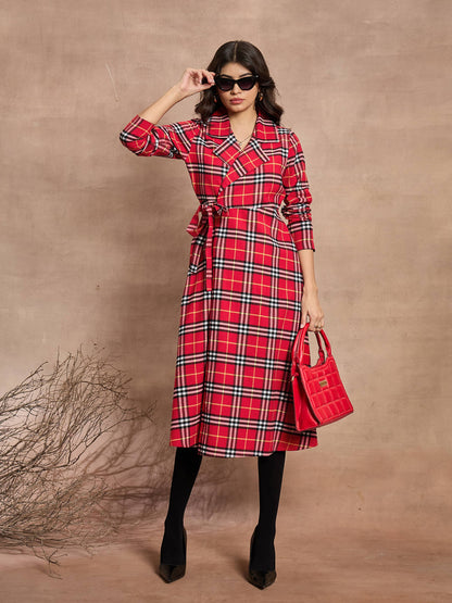 Red Check Wrap Tie-Up Midi Dress