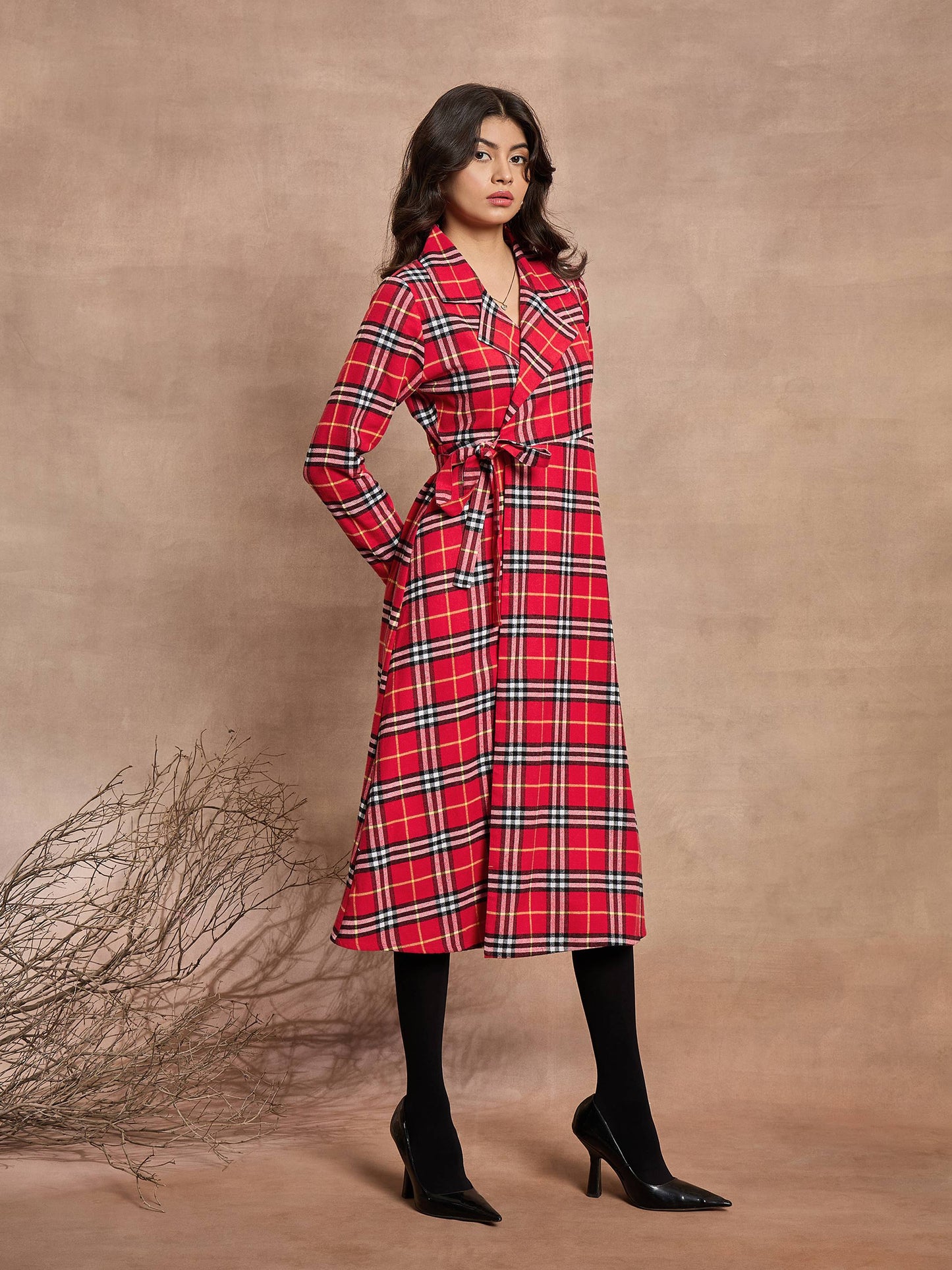 Red Check Wrap Tie-Up Midi Dress