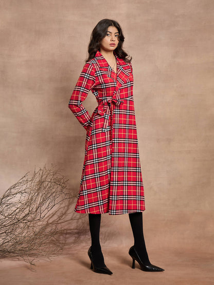 Red Check Wrap Tie-Up Midi Dress