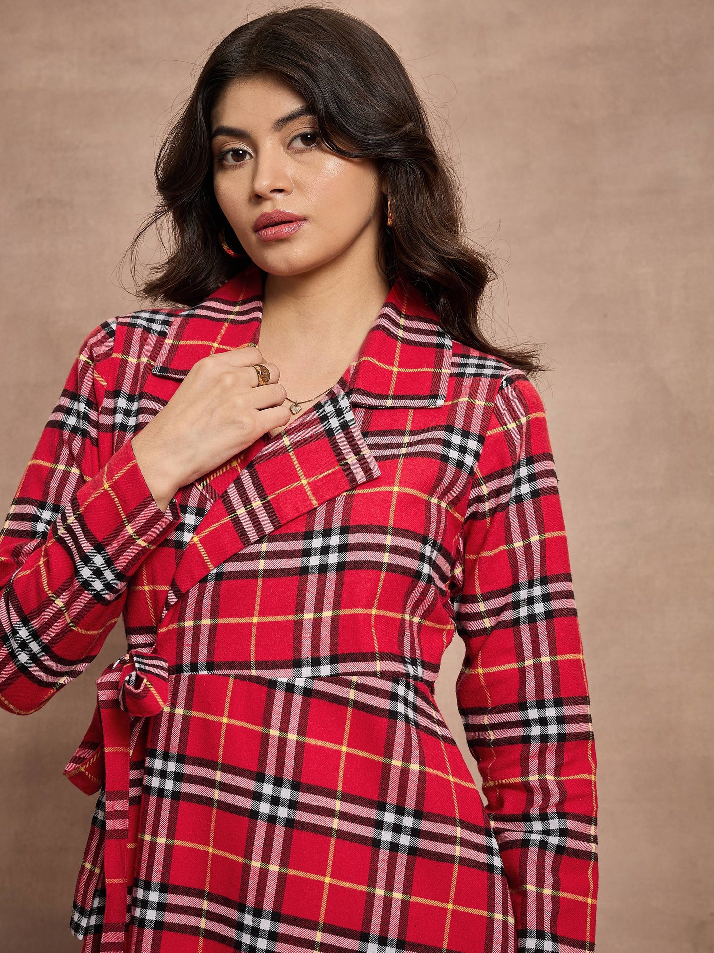 Red Check Wrap Tie-Up Midi Dress