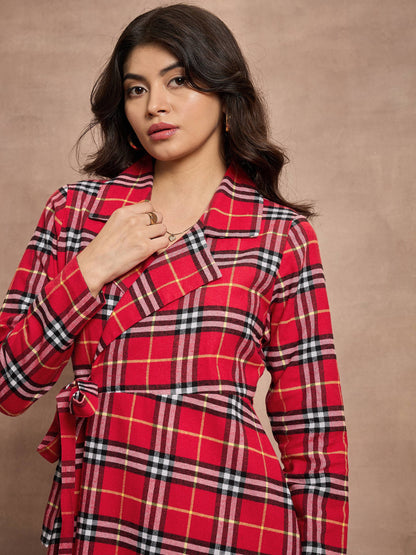 Red Check Wrap Tie-Up Midi Dress