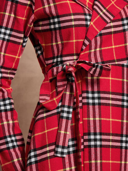 Red Check Wrap Tie-Up Midi Dress