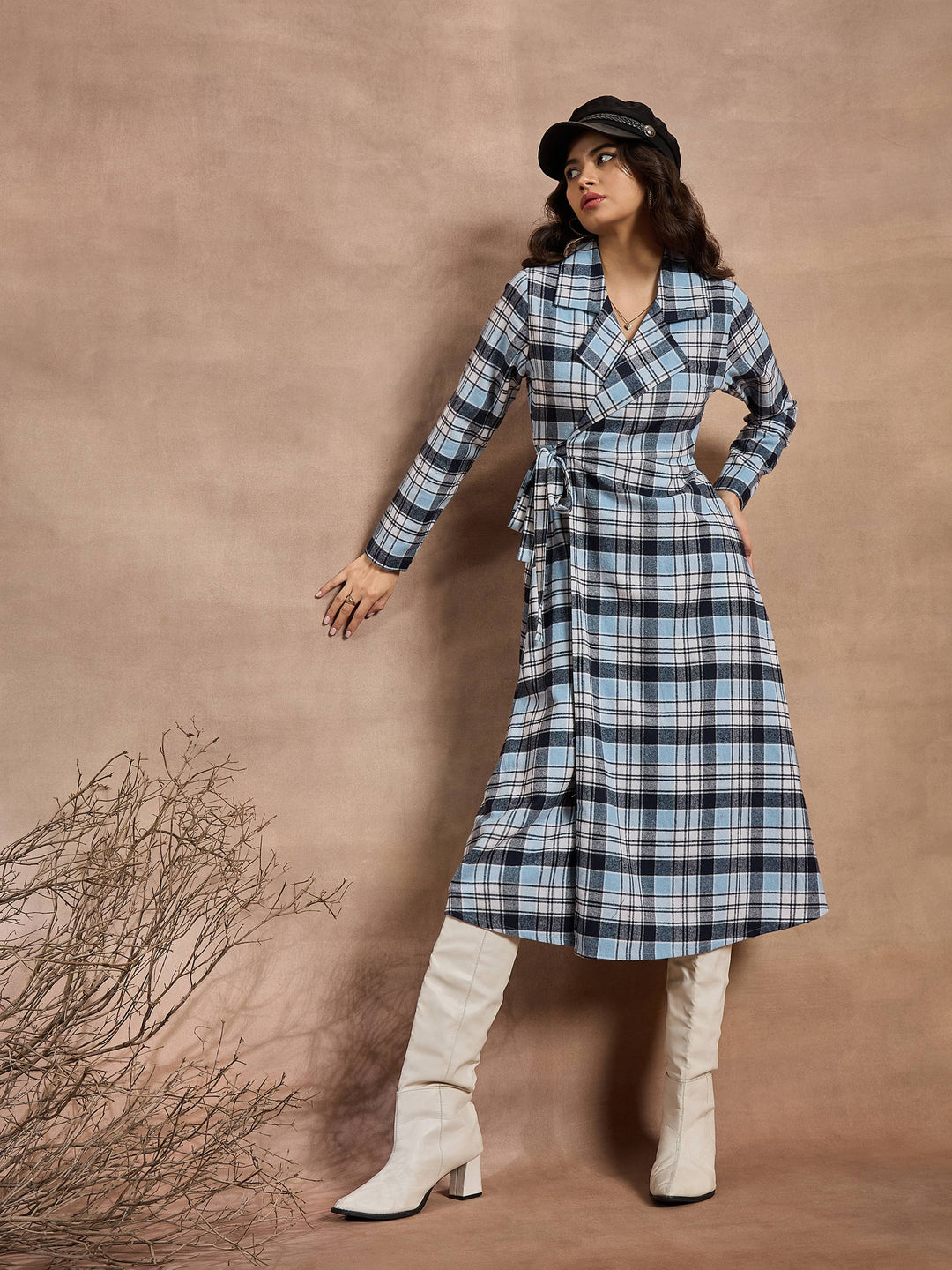 Women Blue Check Wrap Tie-Up Midi Dress
