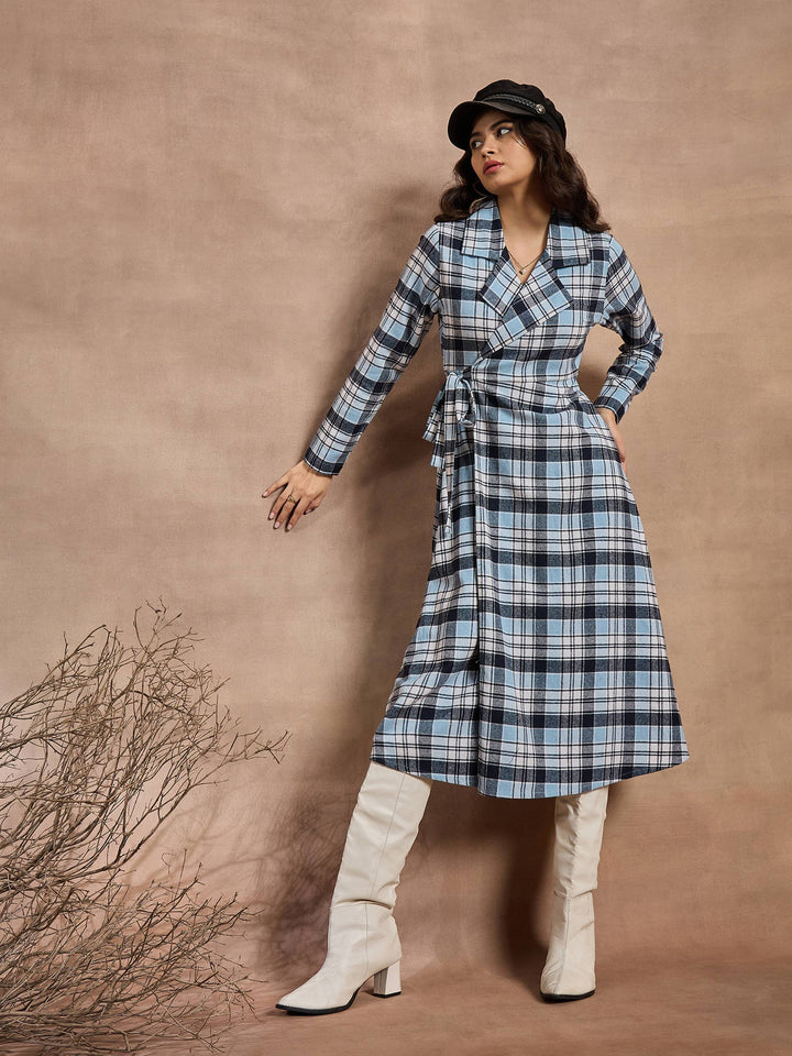 Women Blue Check Wrap Tie-Up Midi Dress