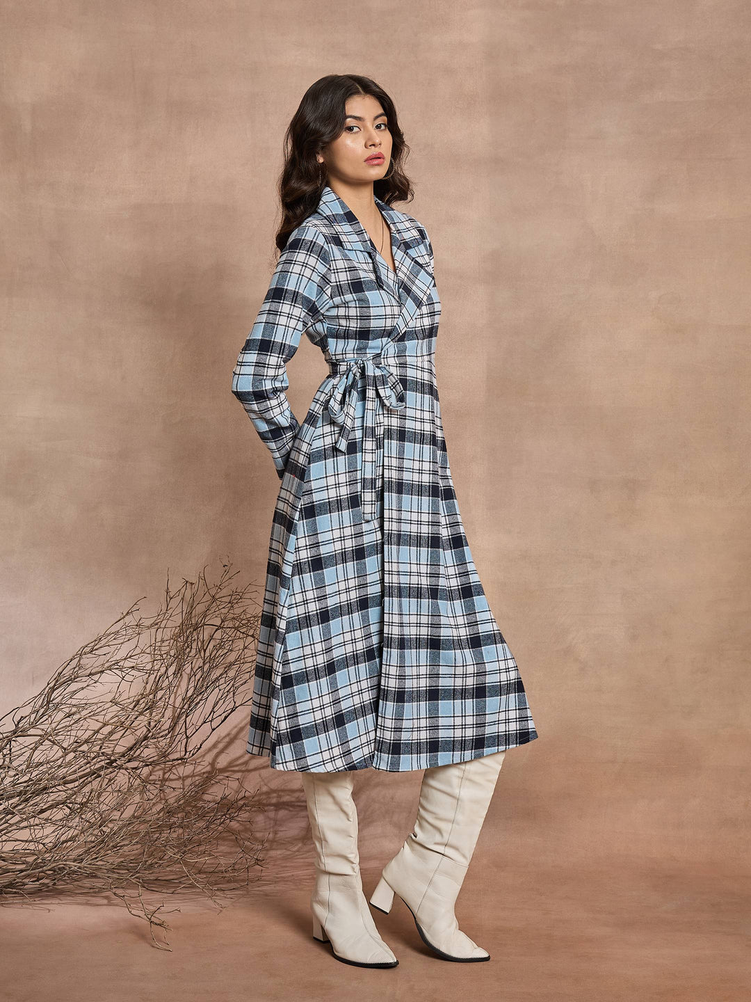 Women Blue Check Wrap Tie-Up Midi Dress