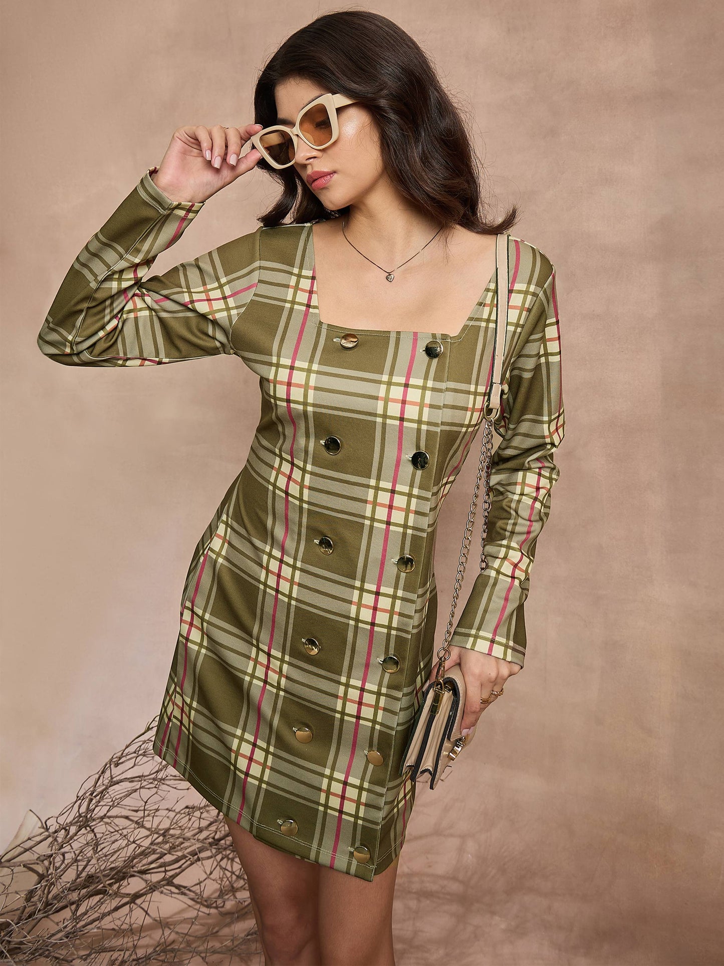 Green Check Front Button Short Dress