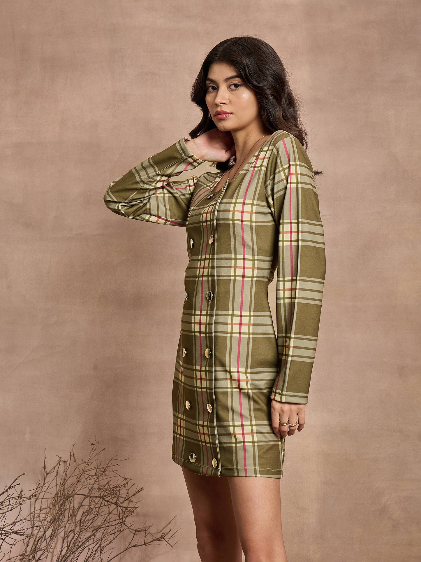 Green Check Front Button Short Dress