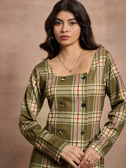 Green Check Front Button Short Dress