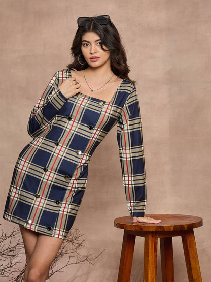 Navy Blue Check Front Button Short Dress