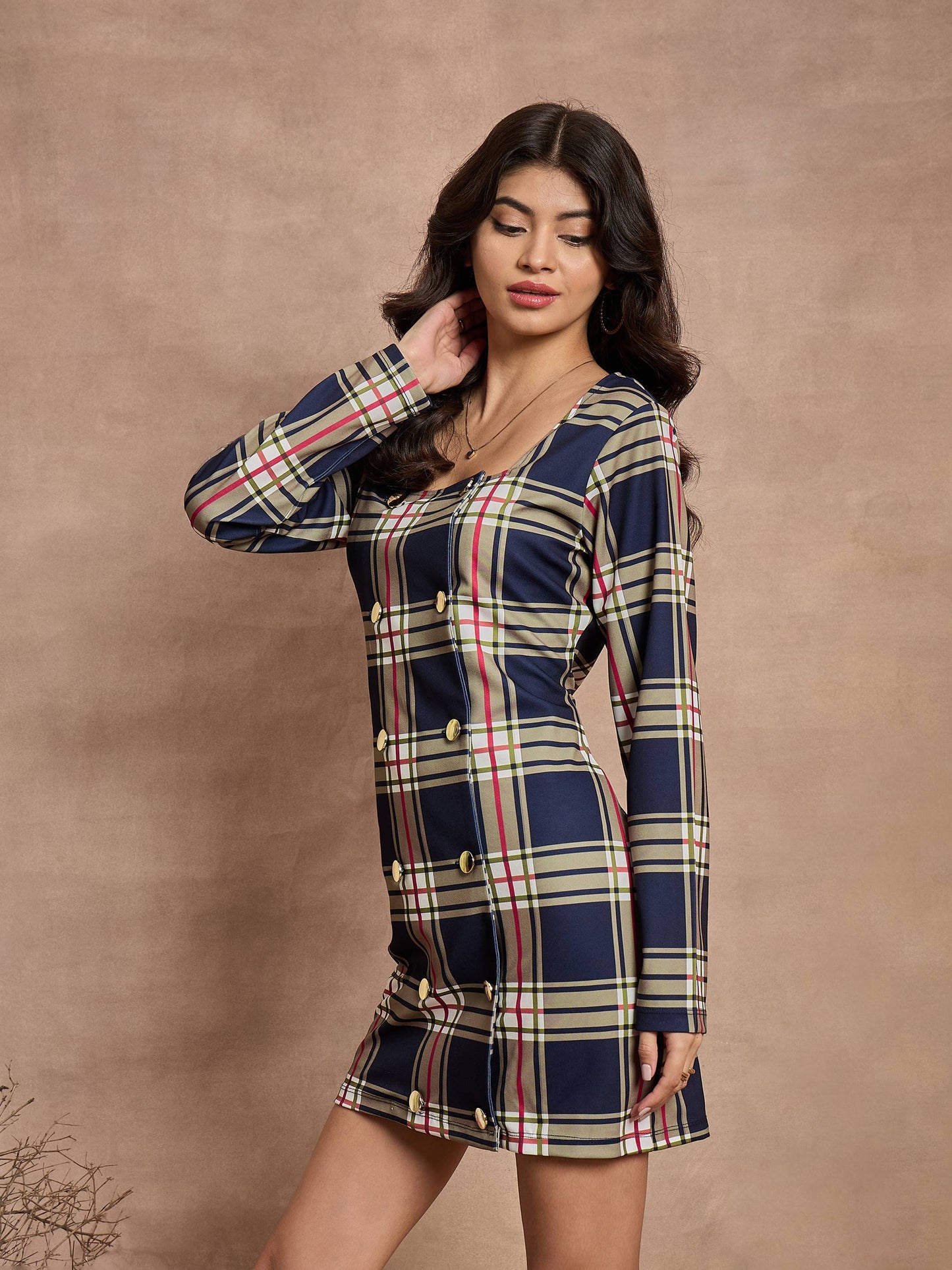 Navy Blue Check Front Button Short Dress