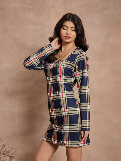 Navy Blue Check Front Button Short Dress