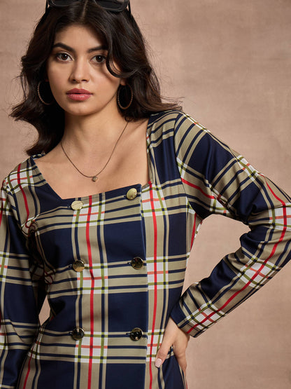 Navy Blue Check Front Button Short Dress