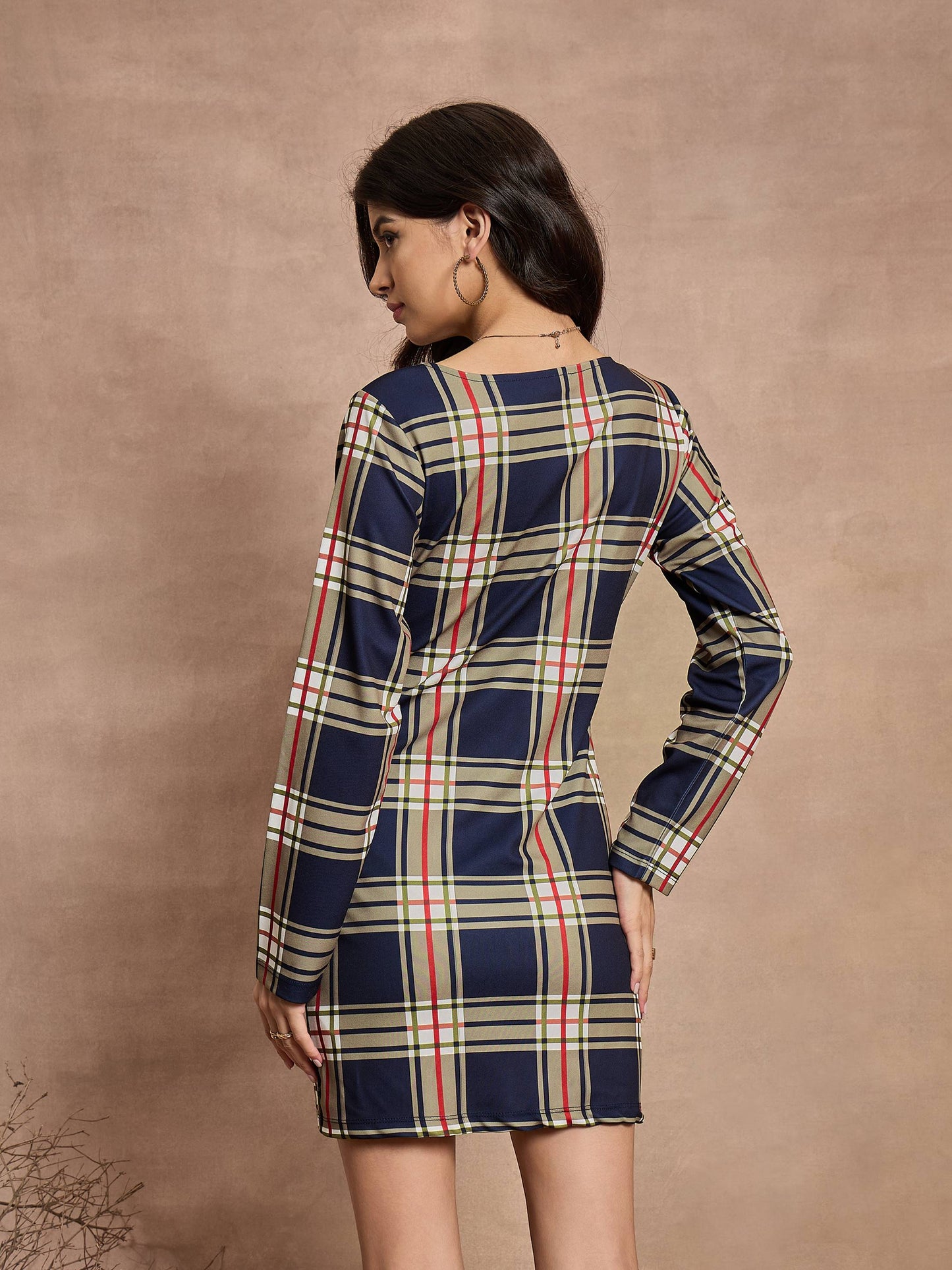Navy Blue Check Front Button Short Dress