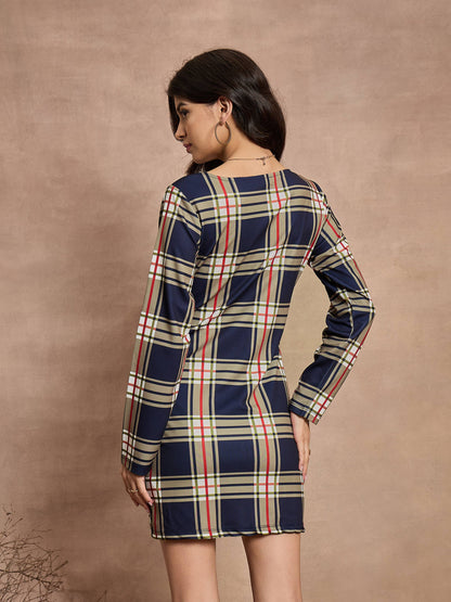 Navy Blue Check Front Button Short Dress