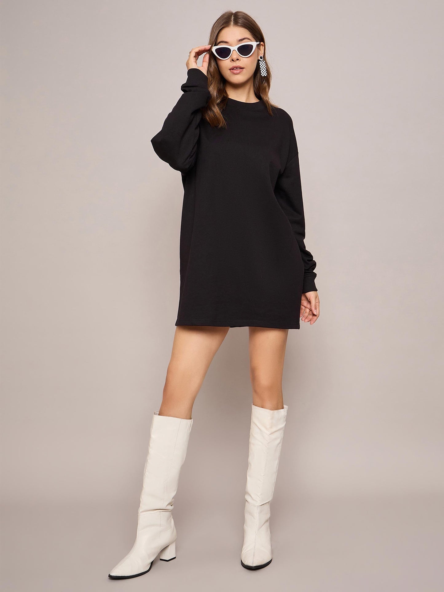 Women Black Terry Oversized Short Sweat Dress