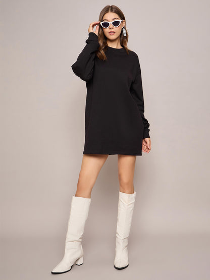 Women Black Terry Oversized Short Sweat Dress