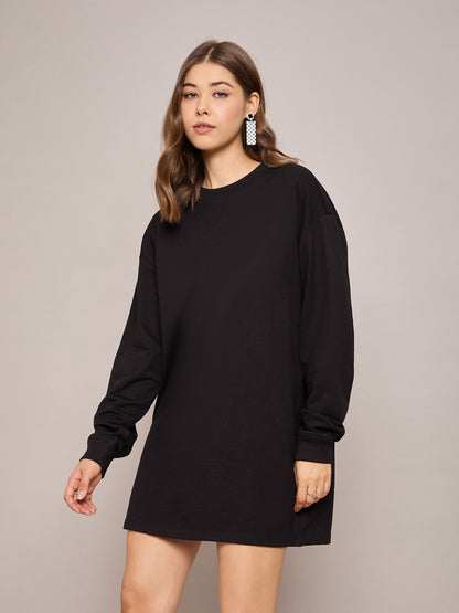 Women Black Terry Oversized Short Sweat Dress