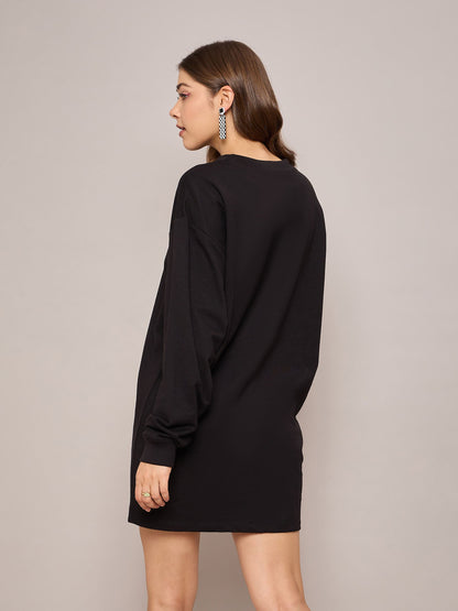Women Black Terry Oversized Short Sweat Dress