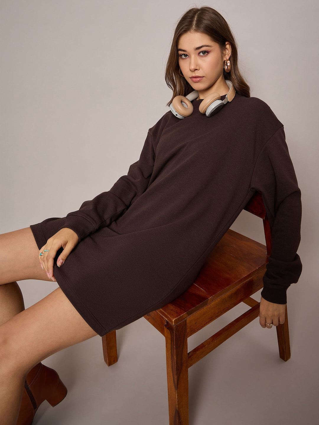 Women Brown Terry Oversized Short Sweat Dress