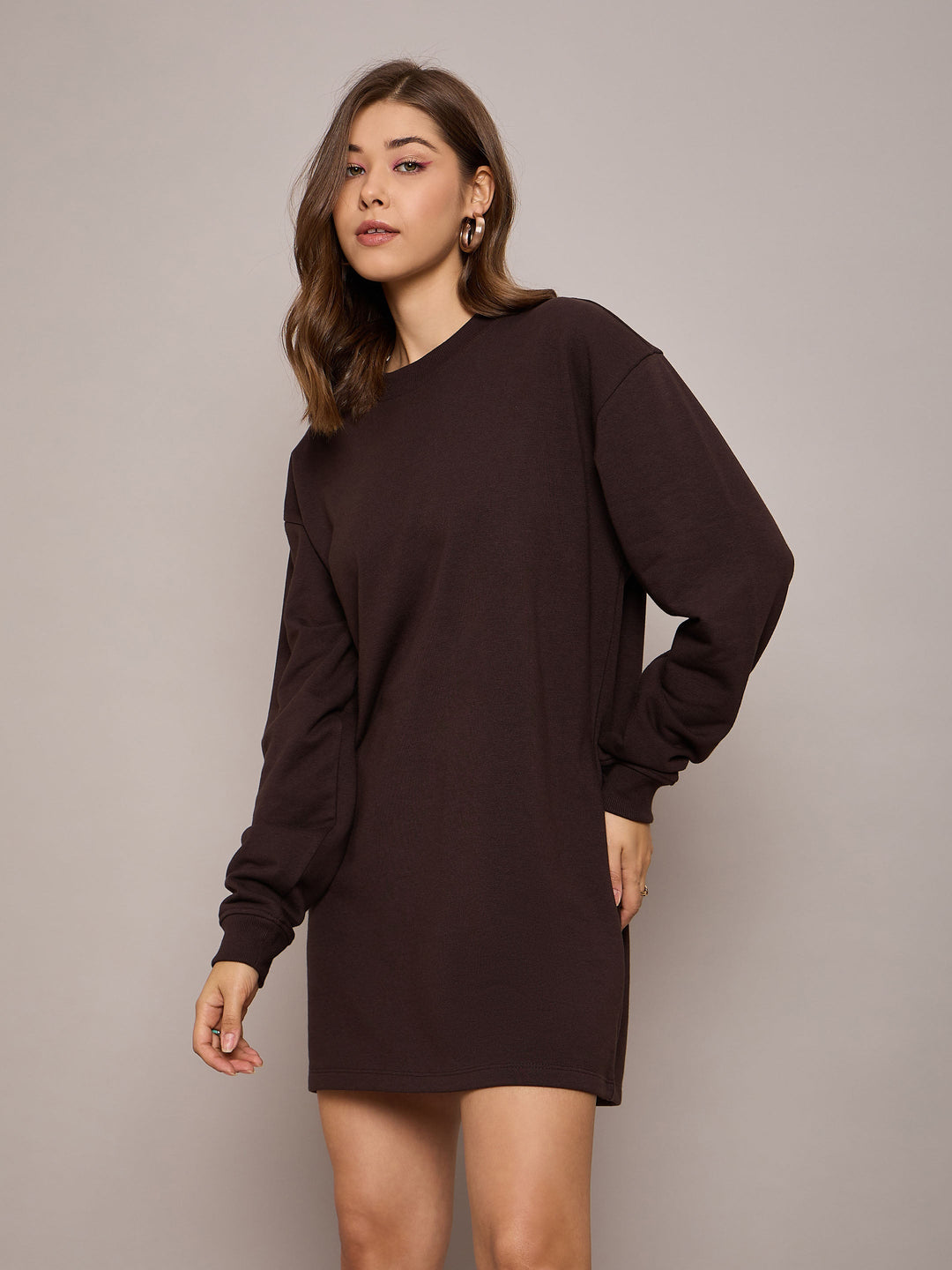 Women Brown Terry Oversized Short Sweat Dress