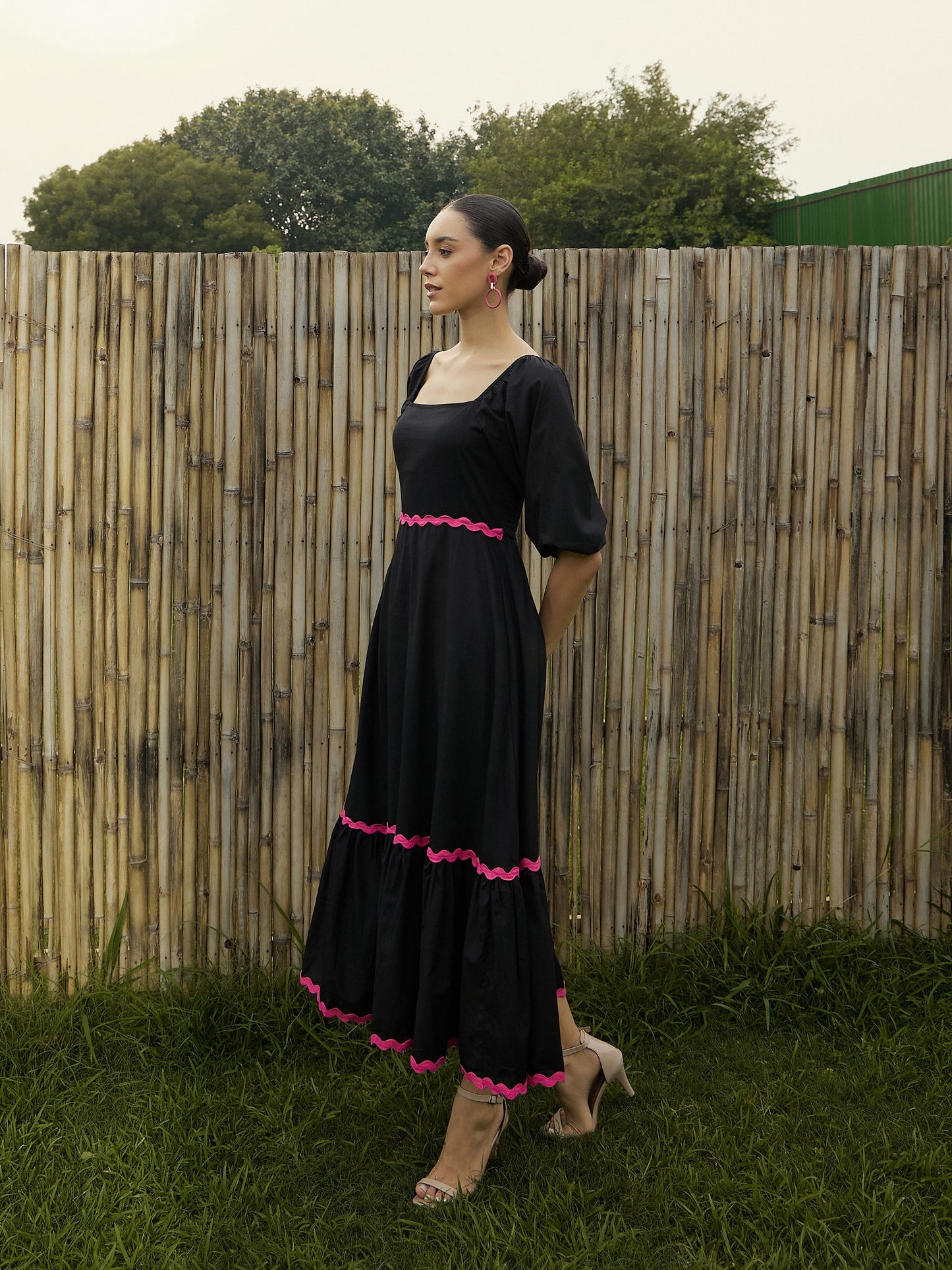 Women Black Ric Rac Lace Square Neck Maxi Dress