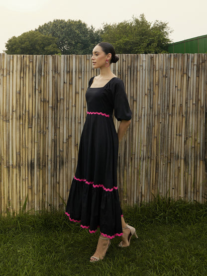 Women Black Ric Rac Lace Square Neck Maxi Dress