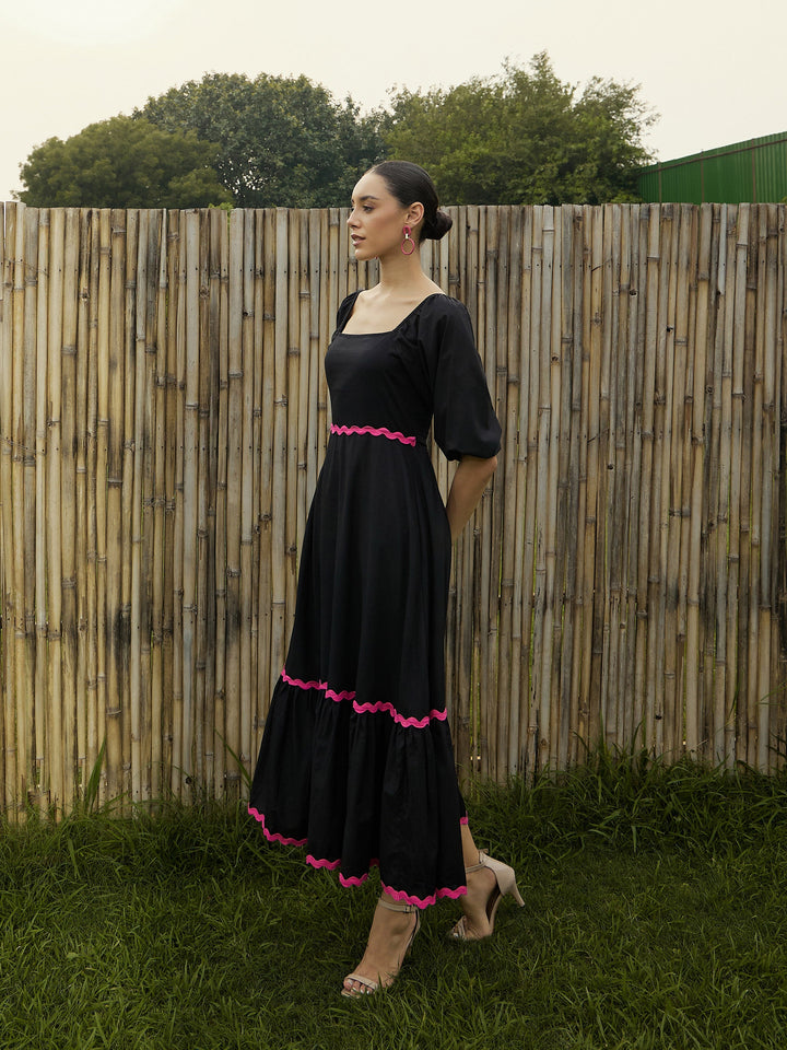 Women Black Ric Rac Lace Square Neck Maxi Dress