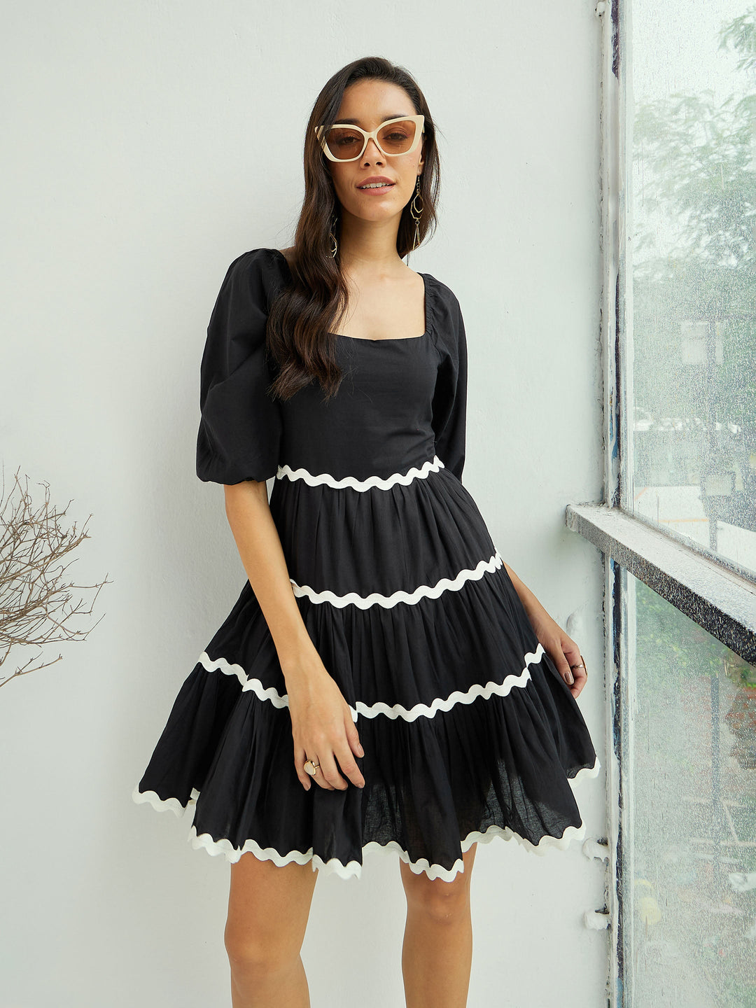Women Black Ric Rac Lace Flared Above Knee Dress