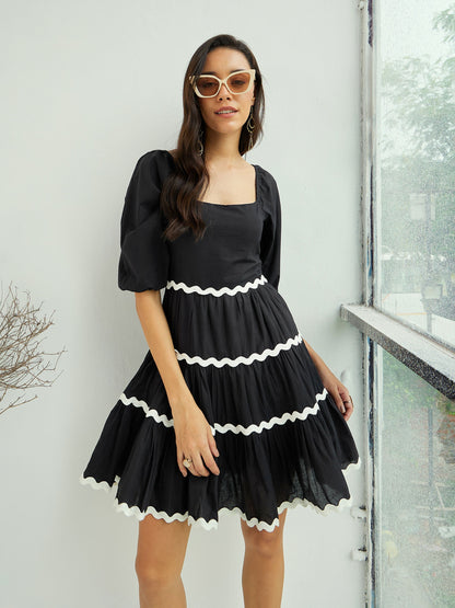 Women Black Ric Rac Lace Flared Above Knee Dress