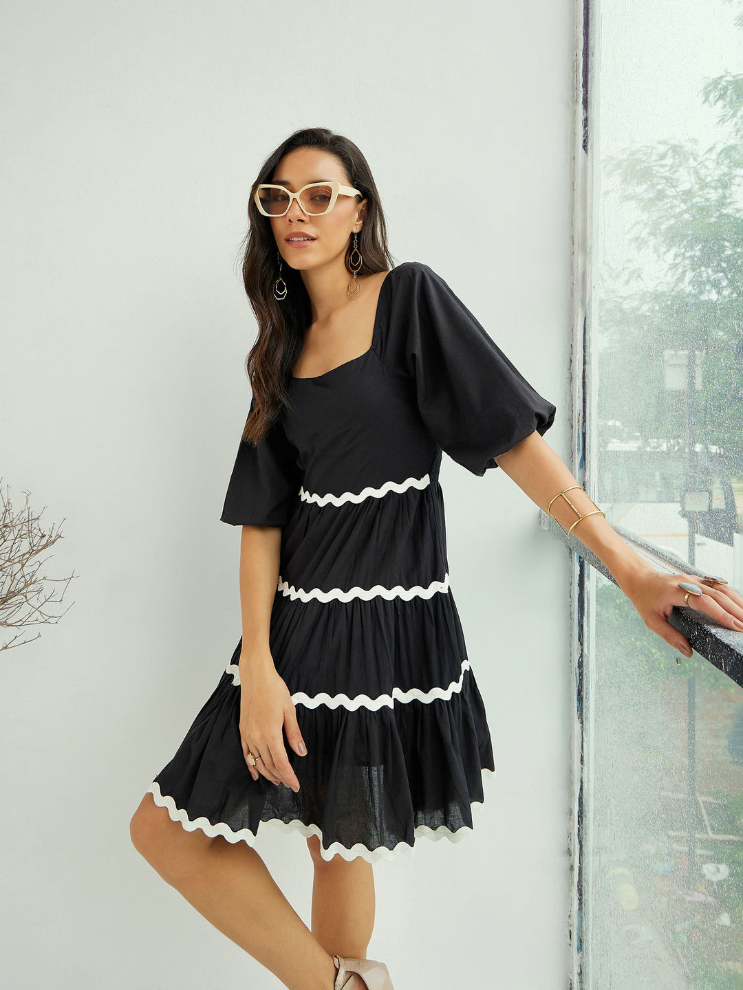 Women Black Ric Rac Lace Flared Above Knee Dress