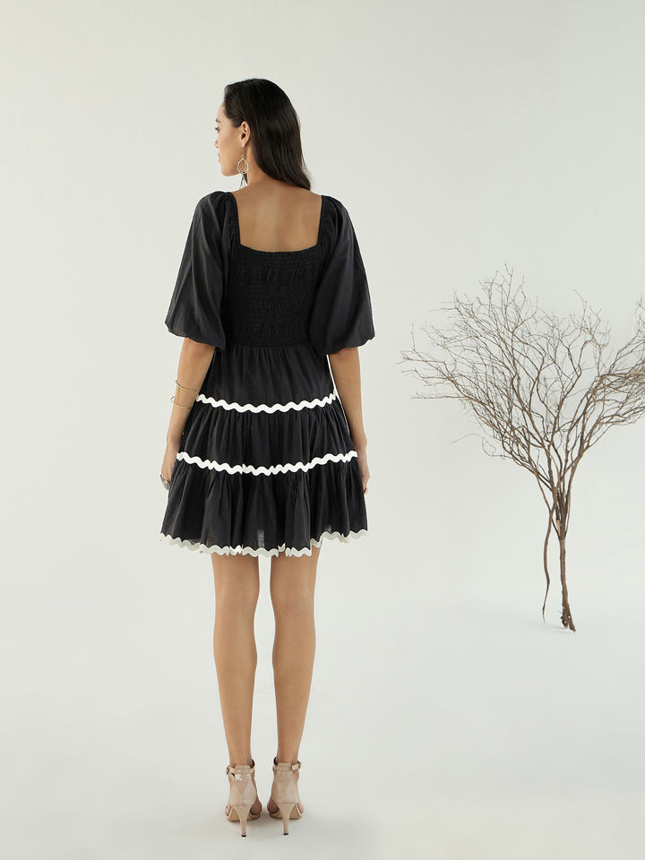 Women Black Ric Rac Lace Flared Above Knee Dress