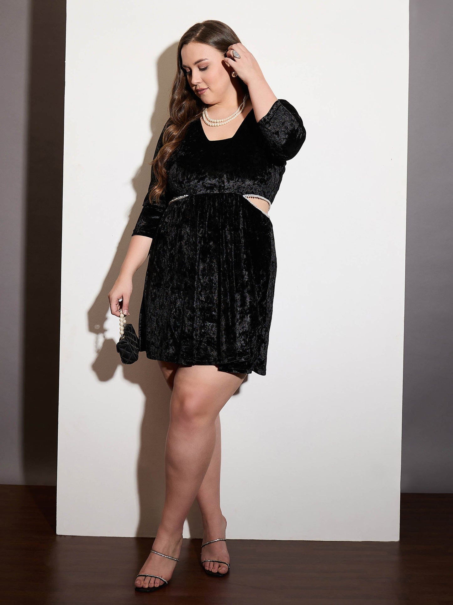 Black Velvet Side Cut Out Skater Dress