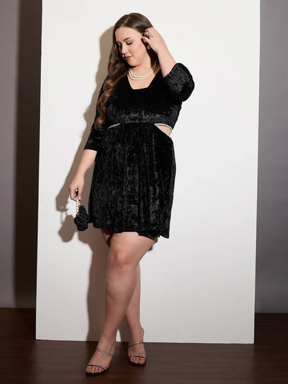 Black Velvet Side Cut Out Skater Dress