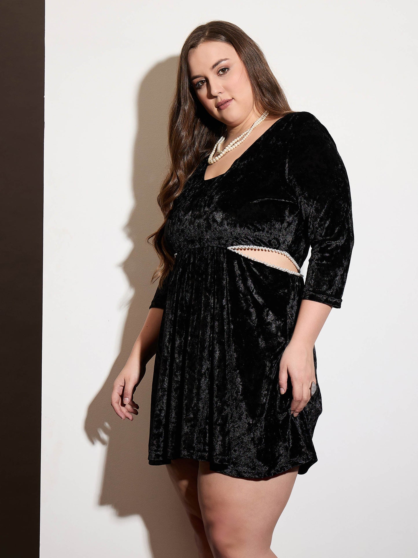 Black Velvet Side Cut Out Skater Dress