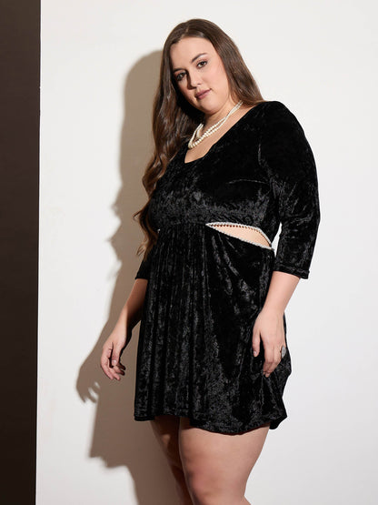 Black Velvet Side Cut Out Skater Dress