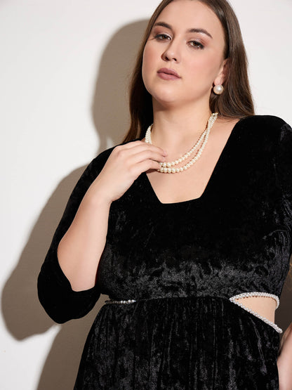 Black Velvet Side Cut Out Skater Dress