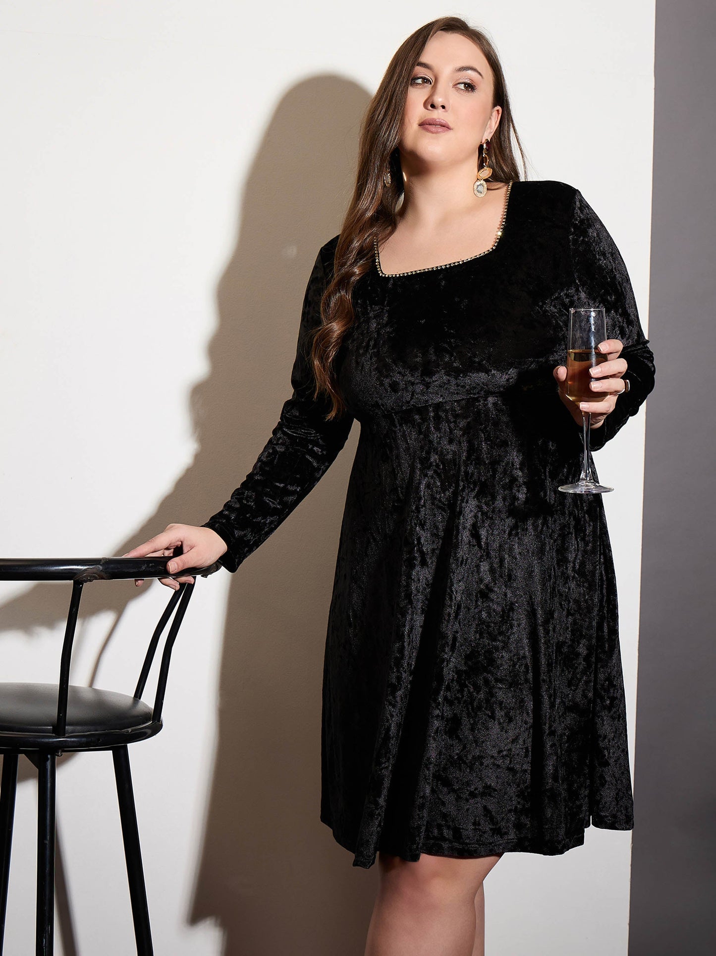 Plus size women's Black Polyester Black Velvet Square Neck Flare Dress by Sassafras Curve for wholesale buyers, boutiques, resellers and bulk orders
