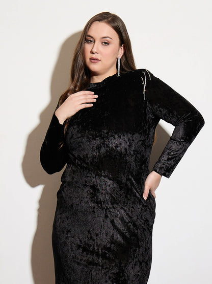 Black Velvet Dimonte Detail High Neck Bodycon Dress