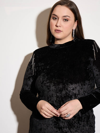Black Velvet Dimonte Detail High Neck Bodycon Dress