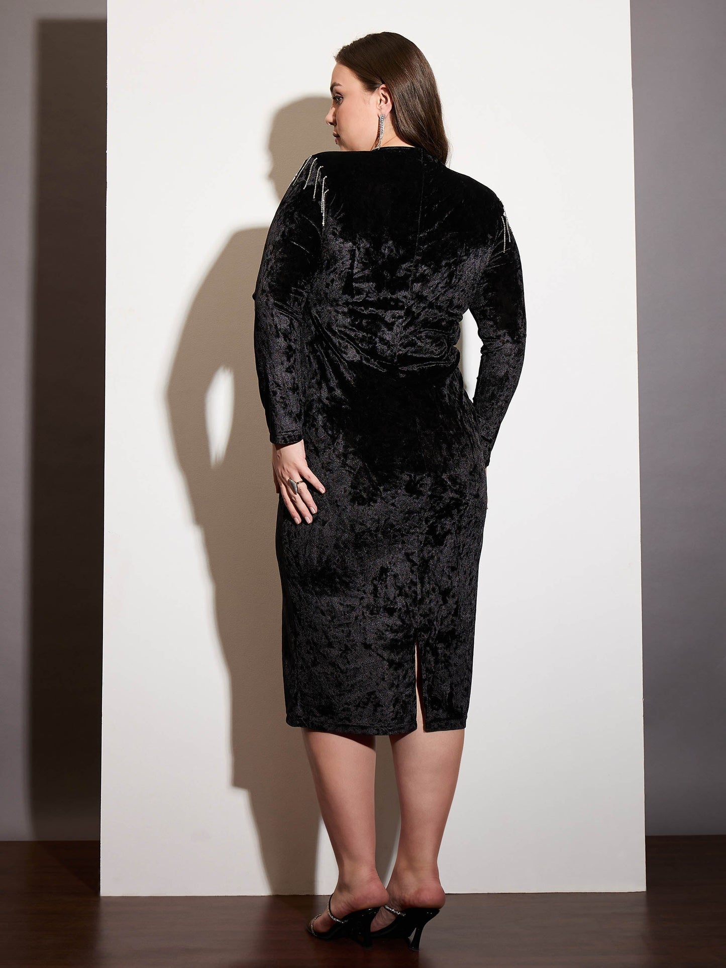 Black Velvet Dimonte Detail High Neck Bodycon Dress