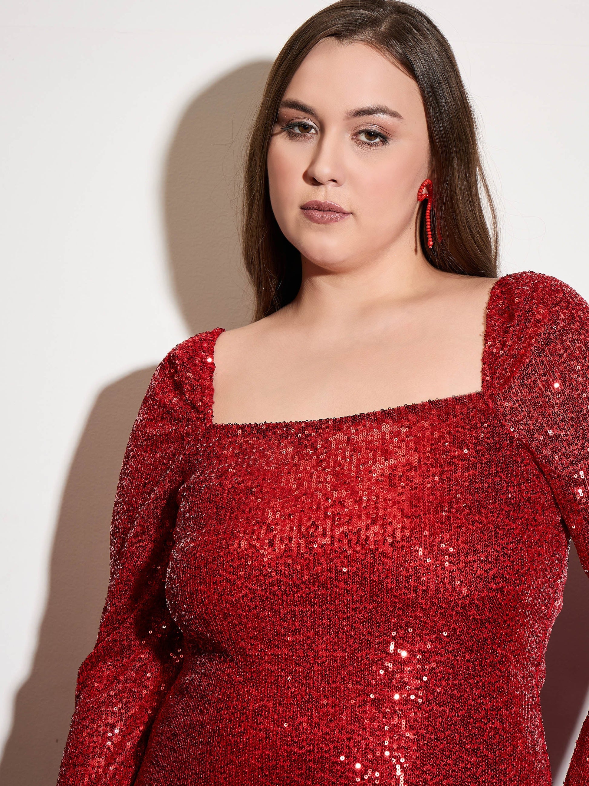 Red Sequence Square Neck Midi Dress-SASSAFRAS Curve