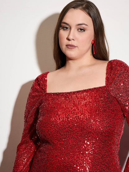Red Sequence Square Neck Midi Dress-SASSAFRAS Curve