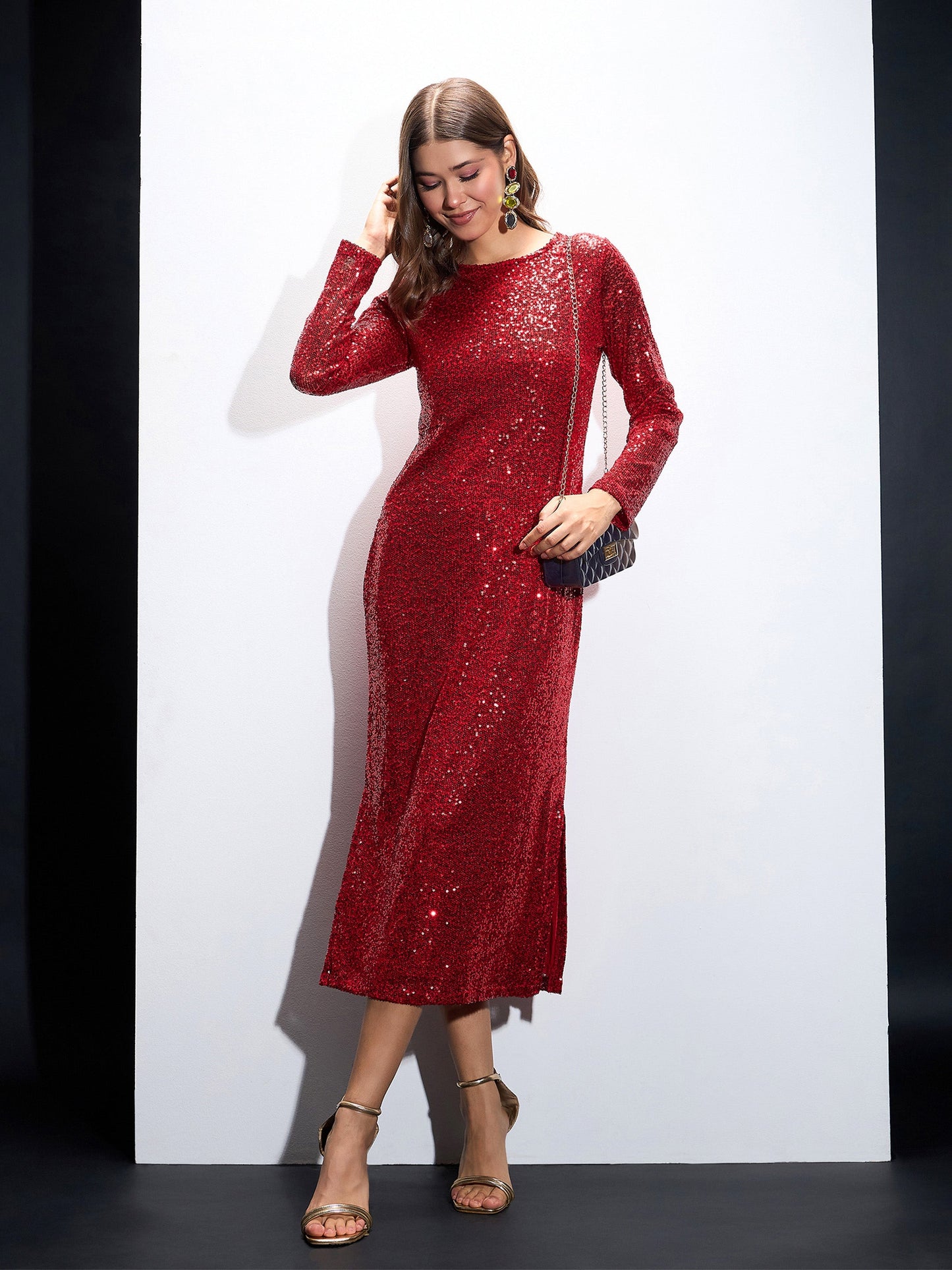 Red Sequin Round Neck Side Slit Midi Dress