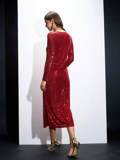 Red Sequin Round Neck Side Slit Midi Dress