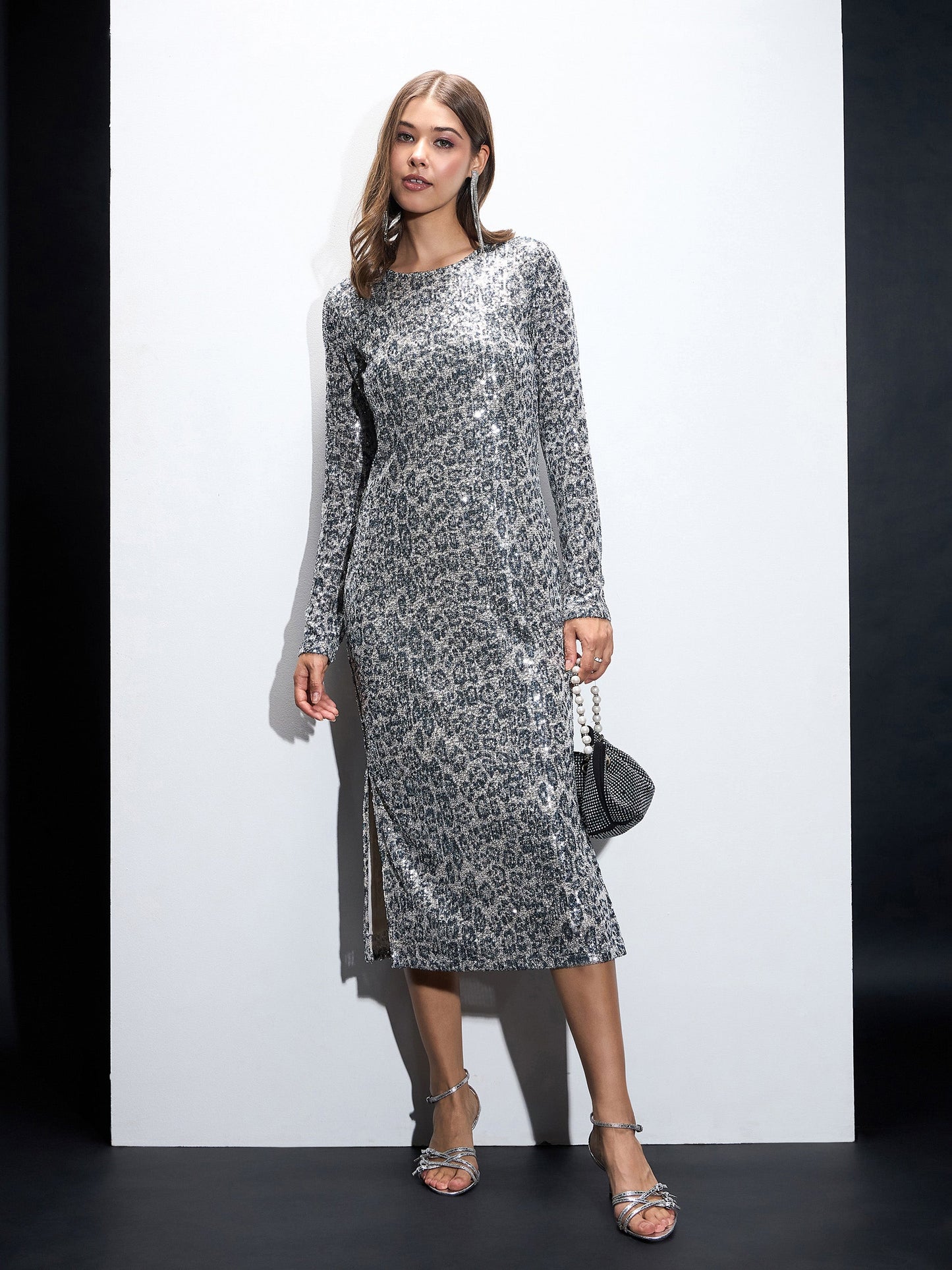 Silver Sequin Round Neck Side Slit Midi Dress
