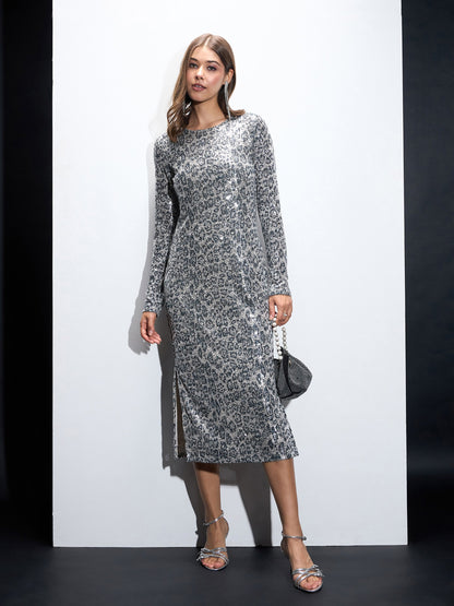 Silver Sequin Round Neck Side Slit Midi Dress