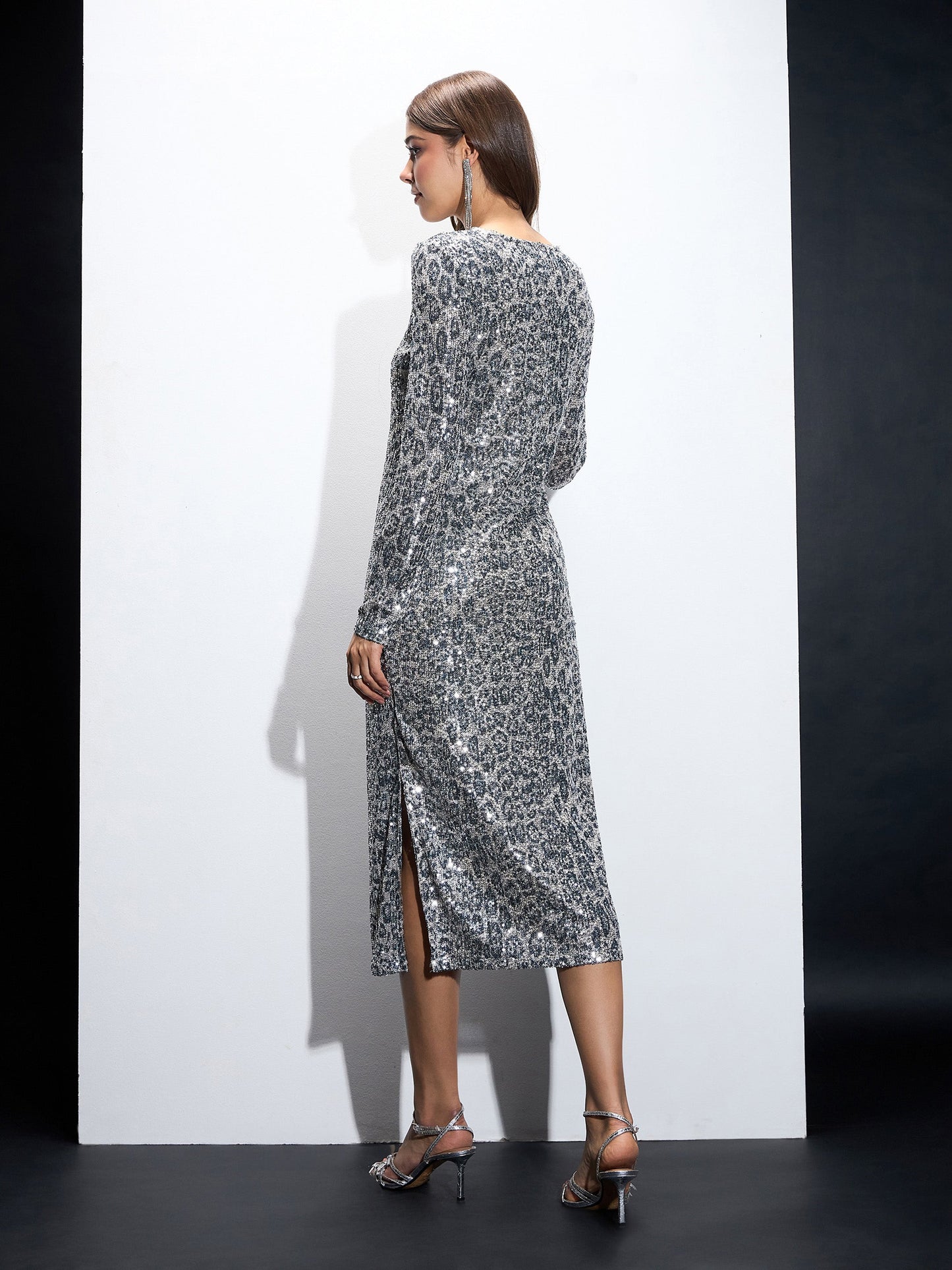 Silver Sequin Round Neck Side Slit Midi Dress