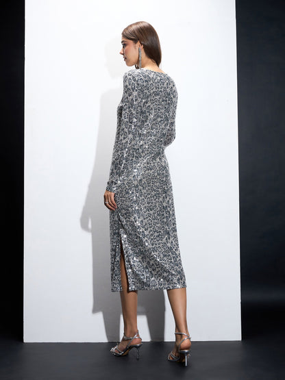 Silver Sequin Round Neck Side Slit Midi Dress