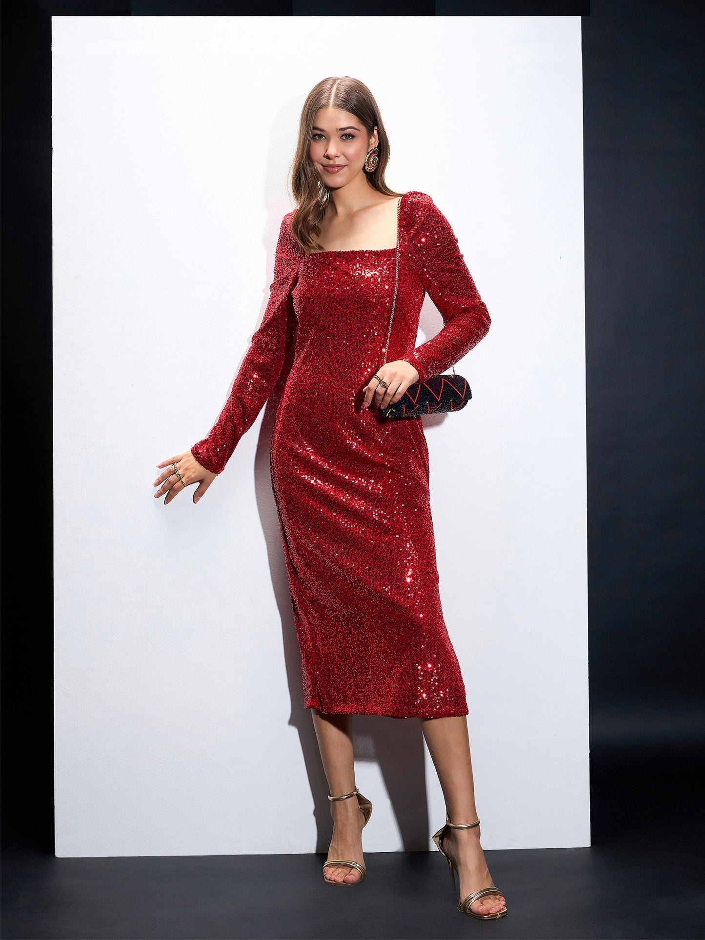 Red Sequin Square Neck Midi Dress